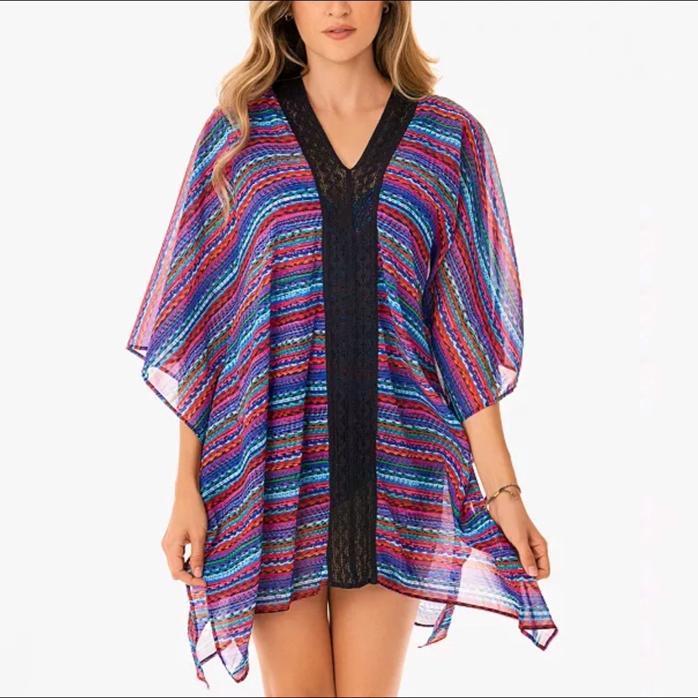 Miraclesuit Multicolor Striped V-Neck Swim Coverup with Black Trim
